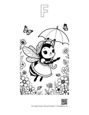 Thumbnail: Friendly Bumble Bee with an Umbrella Near Garden Flowers Printable Outline Alphabet F