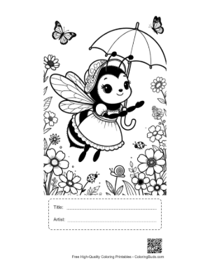 Thumbnail: Friendly Bumble Bee with an Umbrella Near Garden Flowers Printable with Title and Artist Box