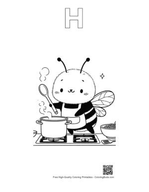 Thumbnail: Happy Bee Character Preparing a Meal in the Kitchen Printable Outline Alphabet H