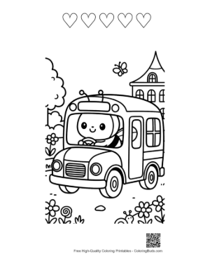 Thumbnail: Happy Bumble Bee Driving a Small School Bus for Insects Printable and 5 Heart Outline