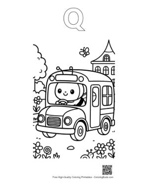 Thumbnail: Happy Bumble Bee Driving a Small School Bus for Insects Printable Outline Alphabet Q