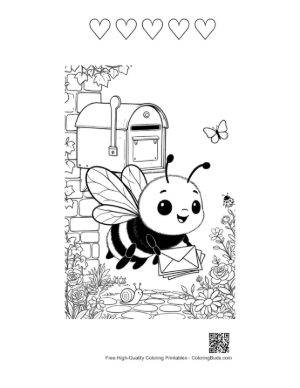 Thumbnail: Happy Bumble Bee Postman Carrying a Letter Outdoors Printable and 5 Heart Outline