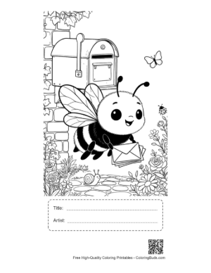 Thumbnail: Happy Bumble Bee Postman Carrying a Letter Outdoors Printable with Title and Artist Box