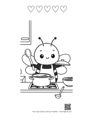 Thumbnail: Little Bee Chef Stirring a Pot on the Stove Illustration Printable and 5 Heart Outline