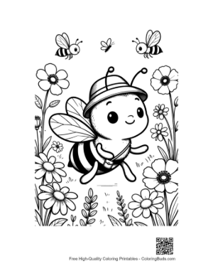 Thumbnail: Little Bee Explorer with a Hat Among the Flowers Printable
