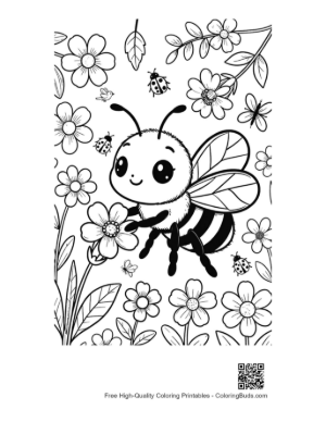 Thumbnail: Small Bee Character Surrounded by Pretty Spring Petals Printable