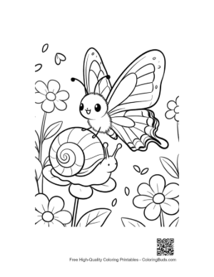 Thumbnail: Adorable Butterfly Character Perched on a Snail Near Garden Flowers Printable