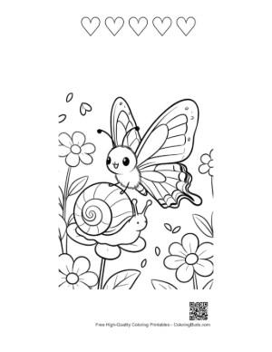 Thumbnail: Adorable Butterfly Character Perched on a Snail Near Garden Flowers Printable and 5 Heart Outline