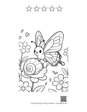 Thumbnail: Adorable Butterfly Character Perched on a Snail Near Garden Flowers Printable and 5 Star Outline