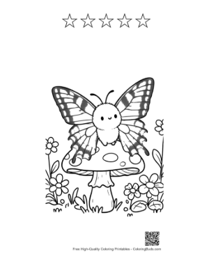 Thumbnail: Adorable Butterfly Character Sitting on a Mushroom in the Garden Printable and 5 Star Outline