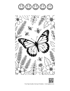 Thumbnail: Beautiful Monarch Butterfly Flying Over a Flower Garden Coloring Page Printable and 5 Happy Face Outline