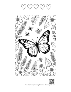 Thumbnail: Beautiful Monarch Butterfly Flying Over a Flower Garden Coloring Page Printable and 5 Heart Outline