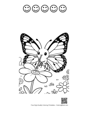 Thumbnail: Cute Butterfly Character Flying Near Summer Blossoms Printable and 5 Happy Face Outline