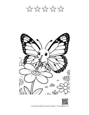 Thumbnail: Cute Butterfly Character Flying Near Summer Blossoms Printable and 5 Star Outline