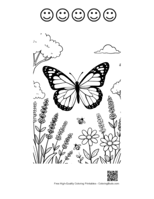 Thumbnail: Detailed Monarch Butterfly with Open Wings in Nature Printable and 5 Happy Face Outline