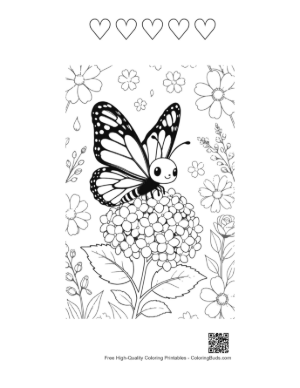 Thumbnail: Elegant Monarch Butterfly on a Flowering Plant Coloring Printable and 5 Heart Outline