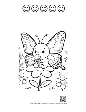 Thumbnail: Friendly Butterfly Character with a Double Scoop Ice Cream Cone Printable and 5 Happy Face Outline