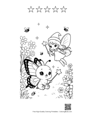 Thumbnail: Friendly Butterfly Character with a Magic Wand and Flowers Printable and 5 Star Outline