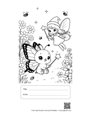Thumbnail: Friendly Butterfly Character with a Magic Wand and Flowers Printable with Title and Artist Box