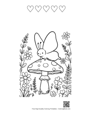 Thumbnail: Friendly Butterfly Sitting on a Spotted Mushroom in the Woods Printable and 5 Heart Outline