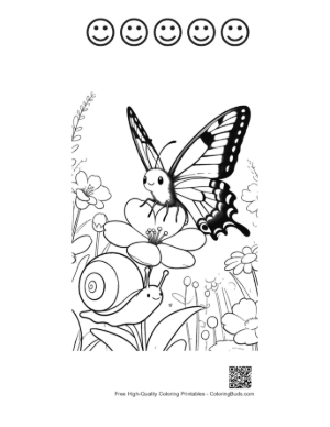 Thumbnail: Happy Butterfly and Snail Friend in a Spring Flower Meadow Printable and 5 Happy Face Outline