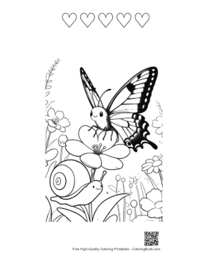 Thumbnail: Happy Butterfly and Snail Friend in a Spring Flower Meadow Printable and 5 Heart Outline