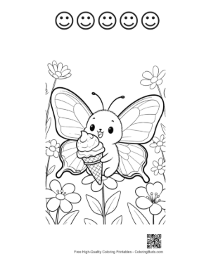 Thumbnail: Happy Butterfly Holding a Sweet Ice Cream Treat Illustration Printable and 5 Happy Face Outline