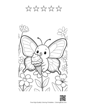 Thumbnail: Happy Butterfly Holding a Sweet Ice Cream Treat Illustration Printable and 5 Star Outline