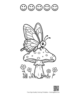 Thumbnail: Little Swallowtail Butterfly Character Resting on a Large Mushroom Printable and 5 Happy Face Outline