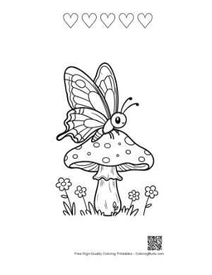 Thumbnail: Little Swallowtail Butterfly Character Resting on a Large Mushroom Printable and 5 Heart Outline