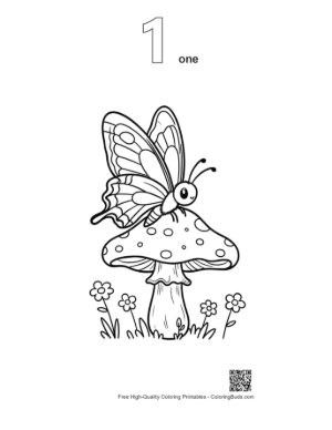 Thumbnail: Little Swallowtail Butterfly Character Resting on a Large Mushroom Printable Outline Number 1
