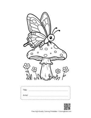 Thumbnail: Little Swallowtail Butterfly Character Resting on a Large Mushroom Printable with Title and Artist Box