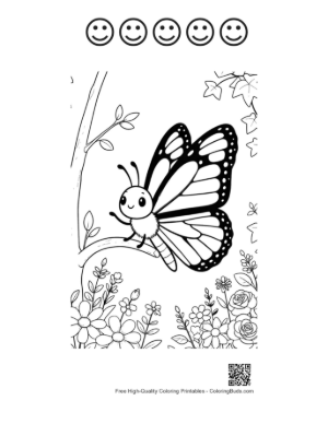 Thumbnail: Pretty Butterfly Resting on a Tree Branch Coloring Sheet Printable and 5 Happy Face Outline