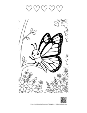 Thumbnail: Pretty Butterfly Resting on a Tree Branch Coloring Sheet Printable and 5 Heart Outline