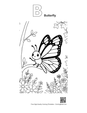 Thumbnail: Pretty Butterfly Resting on a Tree Branch Coloring Sheet Printable Outline Alphabet B Butterfly