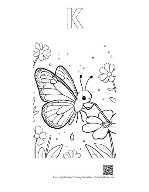 Thumbnail: Pretty Monarch Butterfly Landing on a Cluster of Flowers Printable Outline Alphabet K