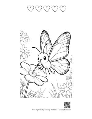 Thumbnail: Small Butterfly Friend Sitting on a Wild Flower Coloring Printable and 5 Heart Outline