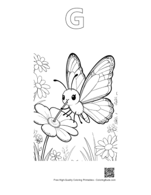 Thumbnail: Small Butterfly Friend Sitting on a Wild Flower Coloring Printable Outline Alphabet G