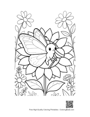 Thumbnail: Smiling Butterfly Character Sitting on a Sunflower Printable