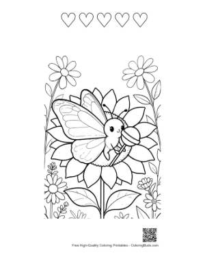 Thumbnail: Smiling Butterfly Character Sitting on a Sunflower Printable and 5 Heart Outline