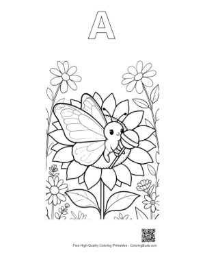 Thumbnail: Smiling Butterfly Character Sitting on a Sunflower Printable Outline Alphabet A