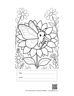 Thumbnail: Smiling Butterfly Character Sitting on a Sunflower Printable with Title and Artist Box