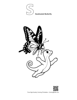 Thumbnail: Swallowtail Butterfly and Cute Dragonet Playing Printable Outline Alphabet S Swallowtail Butterfly