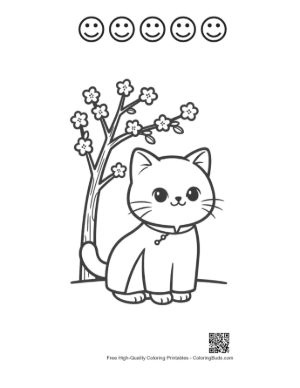 Thumbnail: Adorable Baby Cat in a Stylish Coat Walking Outdoors Printable and 5 Happy Face Outline