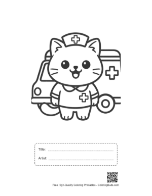 Thumbnail: Adorable Baby Cat Nurse Standing Near a Hospital Van Printable with Title and Artist Box