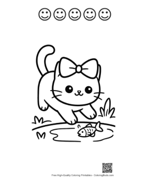 Thumbnail: Adorable Kitten Catching a Fish at the Edge of a Lake Printable and 5 Happy Face Outline