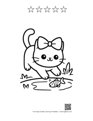 Thumbnail: Adorable Kitten Catching a Fish at the Edge of a Lake Printable and 5 Star Outline