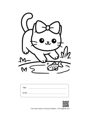 Thumbnail: Adorable Kitten Catching a Fish at the Edge of a Lake Printable with Title and Artist Box