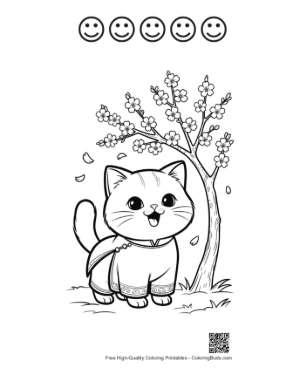 Thumbnail: Adorable Kitten Wearing a Scarf in a Spring Garden Printable and 5 Happy Face Outline