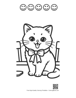 Thumbnail: British Shorthair Cat with a Bow Sitting on a Porch Printable and 5 Happy Face Outline